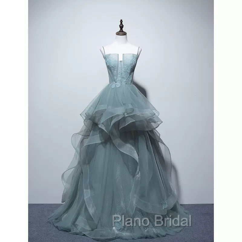Charming Green Tulle Straps Layers Long Formal Dresses, Tulle Party Dresses Formal Prom Dresses