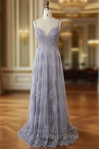 Charming Grey Lace Evening Party Dresses , High Quality Formal Gown