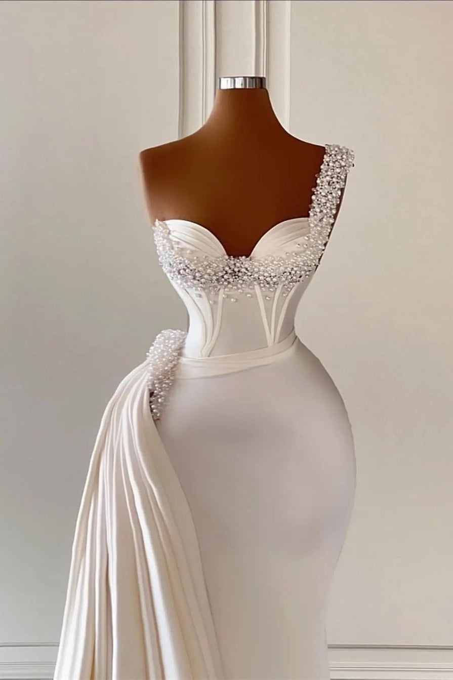 Charming Ivory One Shoulder Sleeveless Sweetheart A-Line Bridal Dress With Beads Secondary image