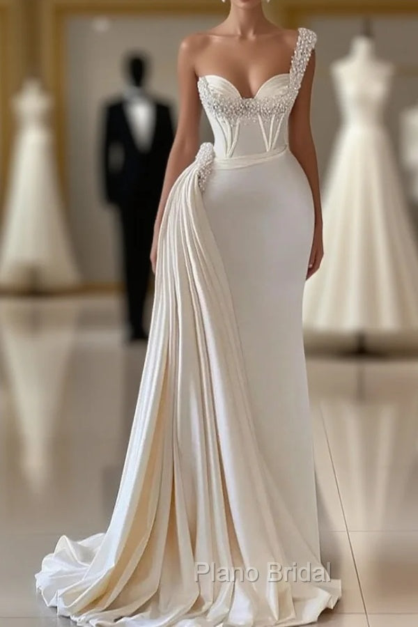 Charming Ivory One Shoulder Sleeveless Sweetheart A-line Bridal Dresses With Beads Main image