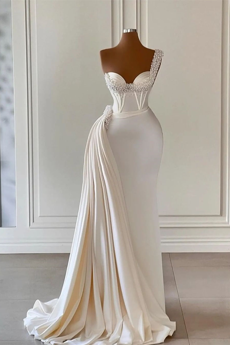 Charming Ivory One Shoulder Sleeveless Sweetheart A-Line Bridal Dress With Beads Main image