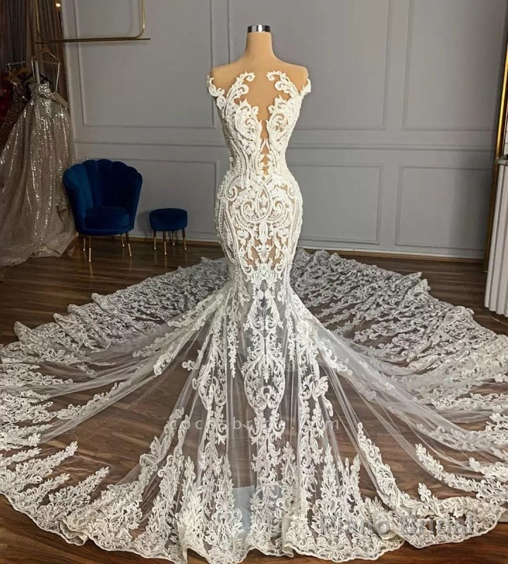 Charming Jewel Garden Sleeveless Mermaid Lace Wedding Dress with Appliques Main image