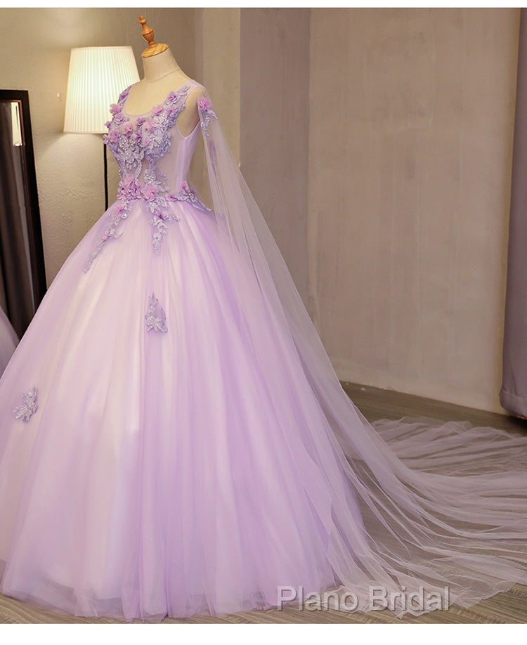 Charming Lavender Tulle Flowers Long Formal Prom Dresses, Sweet 16 Gowns