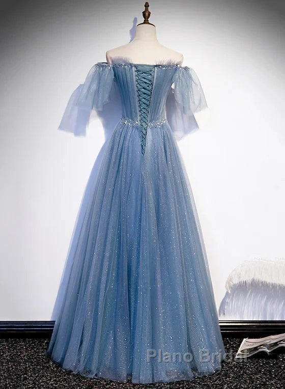 Charming Light Blue Tulle Puffy Sleeves Floor Length Party Dresses A-Line Pricess Gowns Formal Prom Dresses Sparkly
