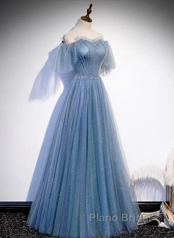 Charming Light Blue Tulle Puffy Sleeves Floor Length Party Dresses A-Line Pricess Gowns Formal Prom Dresses Sparkly