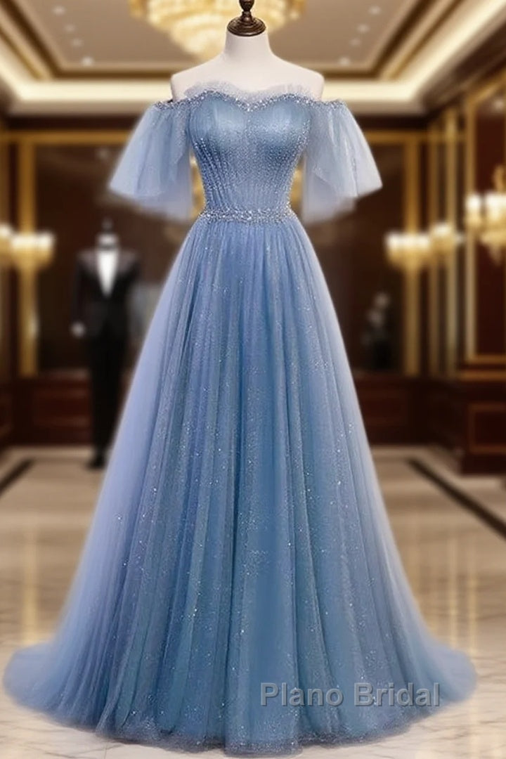 Charming Light Blue Tulle Puffy Sleeves Floor Length Party Dresses A-Line Pricess Gowns Formal Prom Dresses Sparkly Main image