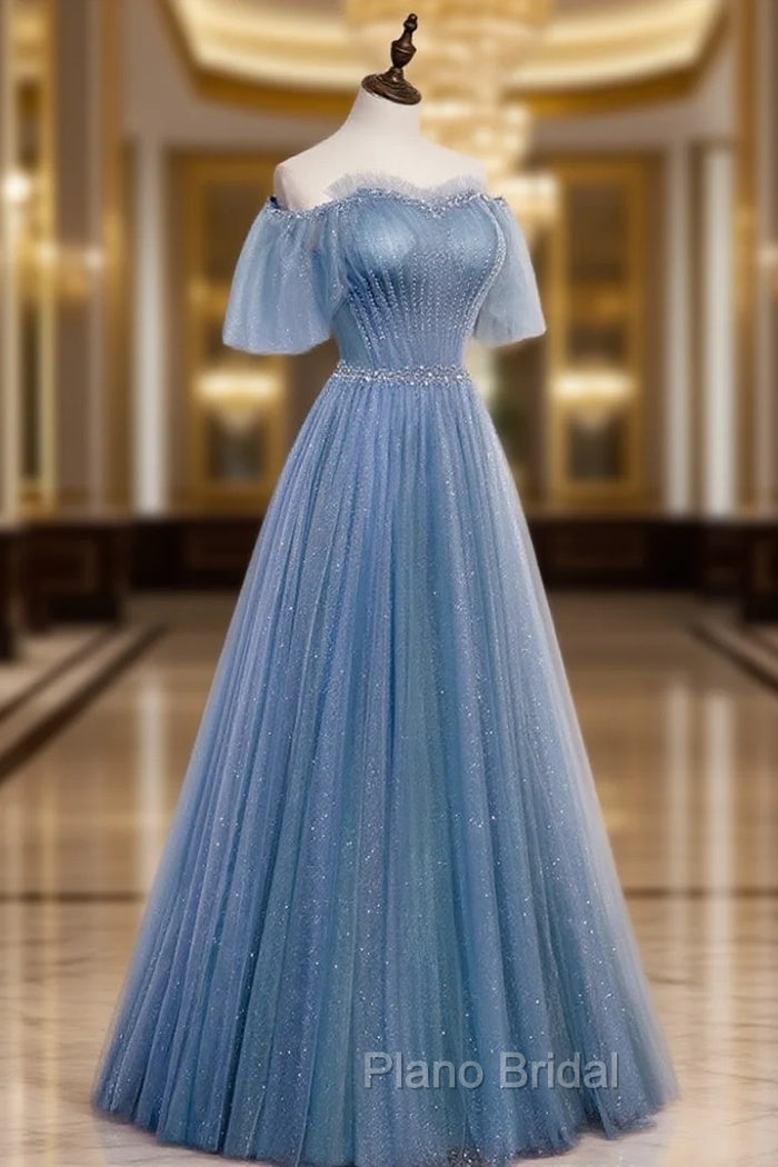Charming Light Blue Tulle Puffy Sleeves Floor Length Party Dresses, Blue A-line Pricess Gowns Formal Prom Dresses