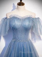 Charming Light Blue Tulle Puffy Sleeves Floor Length Party Dresses, Blue A-line Pricess Gowns Formal Prom Dresses