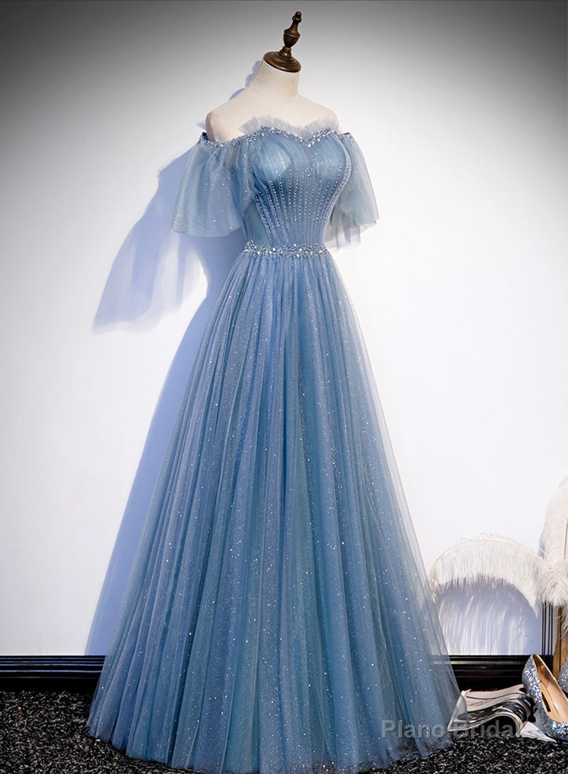 Charming Light Blue Tulle Puffy Sleeves Floor Length Party Dress,Blue A-line Princess Gowns Prom Dresses Secondary image