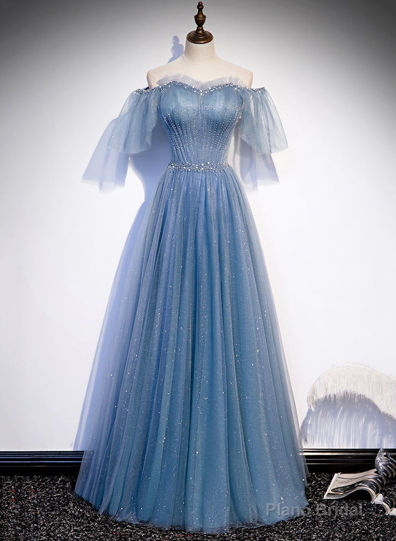 Charming Light Blue Tulle Puffy Sleeves Floor Length Party Dress,Blue A-line Princess Gowns Prom Dresses Main image