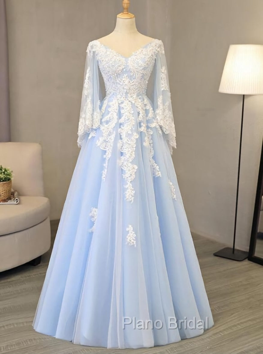 Charming Light Blue Tulle V-neckline Long Party Dresses, Formal Prom Dresses
