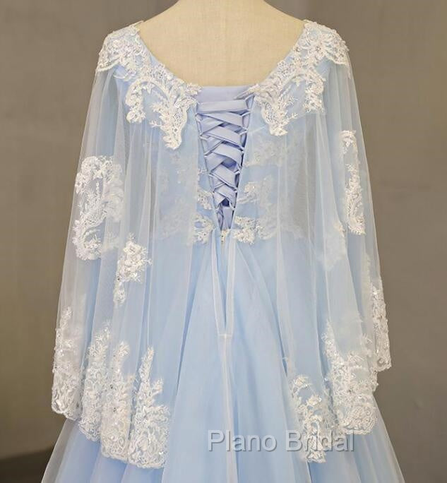 Charming Light Blue Tulle V-neckline Long Party Dresses, Formal Prom Dresses