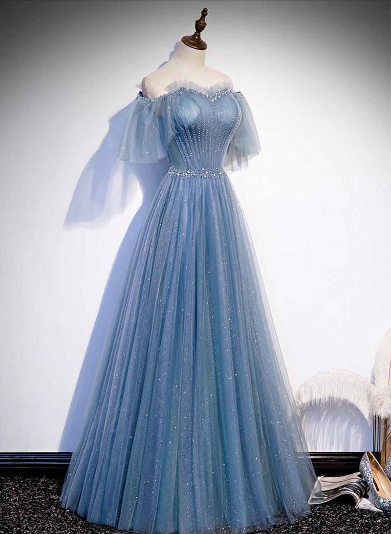 Charming Light Blue Tulle Puffy Sleeves Floor Length Party Dresses, Blue A-Line Pricess Gowns Formal Prom Dresses Secondary image