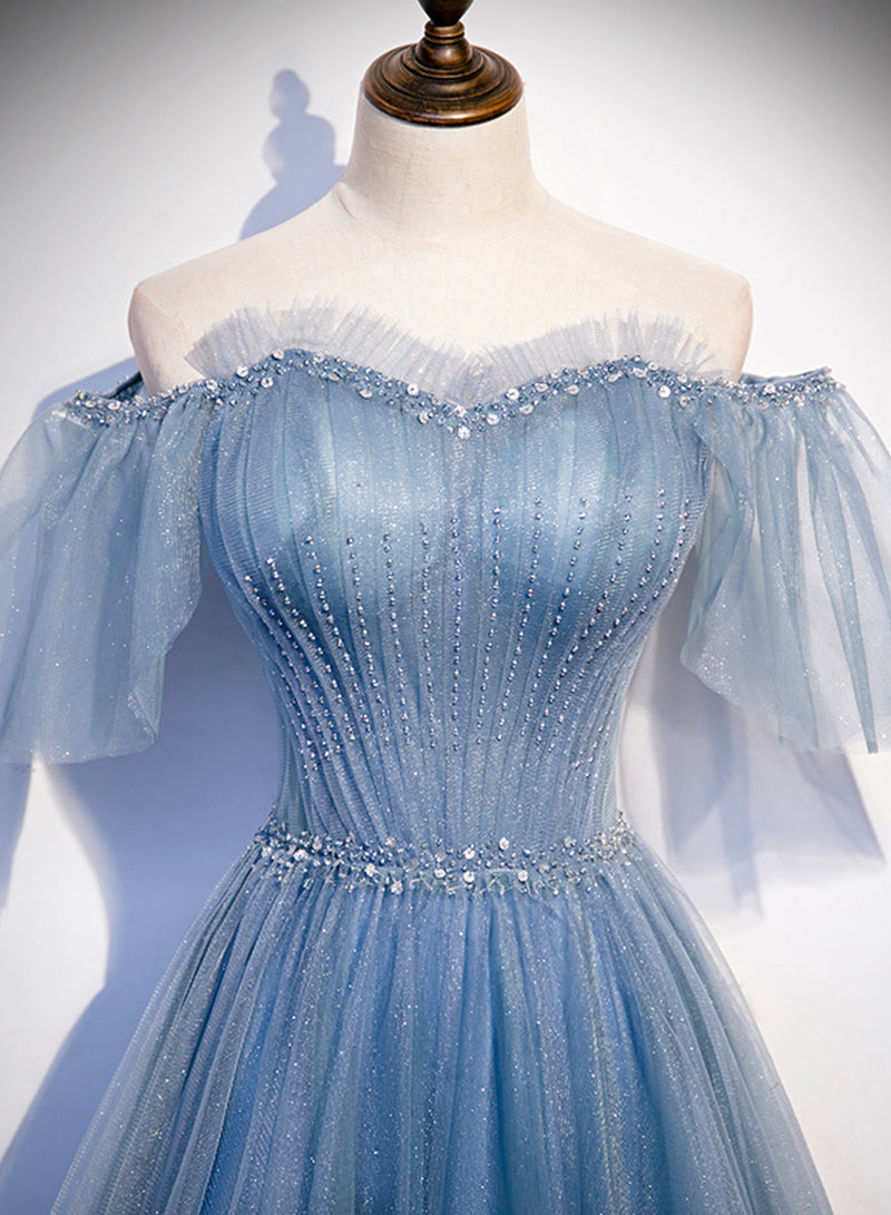 Charming Light Blue Tulle Puffy Sleeves Floor Length Party Dresses, Blue A-Line Pricess Gowns Formal Prom Dresses