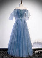 Charming Light Blue Tulle Puffy Sleeves Floor Length Party Dresses, Blue A-Line Pricess Gowns Formal Prom Dresses