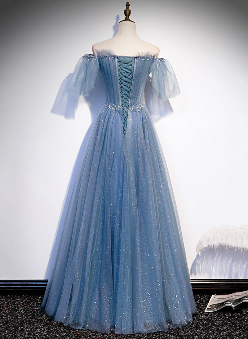 Charming Light Blue Tulle Puffy Sleeves Floor Length Party Dresses, Blue A-Line Pricess Gowns Formal Prom Dresses