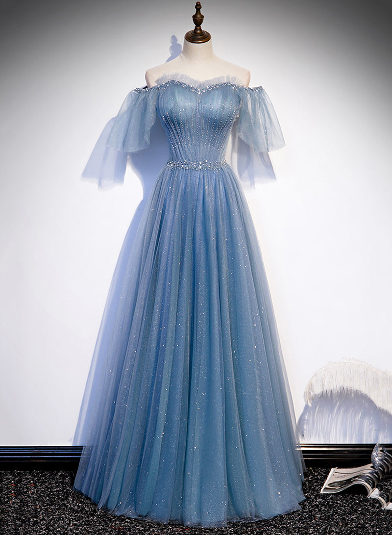 Charming Light Blue Tulle Puffy Sleeves Floor Length Party Dresses, Blue A-Line Pricess Gowns Formal Prom Dresses