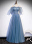 Charming Light Blue Tulle Puffy Sleeves Floor Length Party Dresses, Blue A-Line Pricess Gowns Formal Prom Dresses