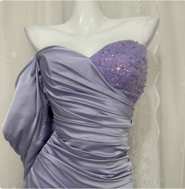Charming Light Purple Mermaid Sweetheart Neck Pearl Sequin Satin Long Formal Prom Dresses