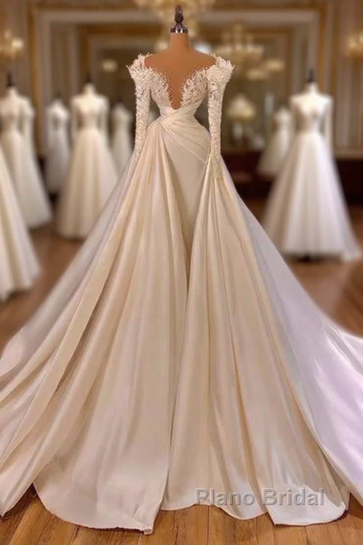 Charming Long A-line Cathedral V-neck Satin Lace Wedding Dresses With Sleeves Main image