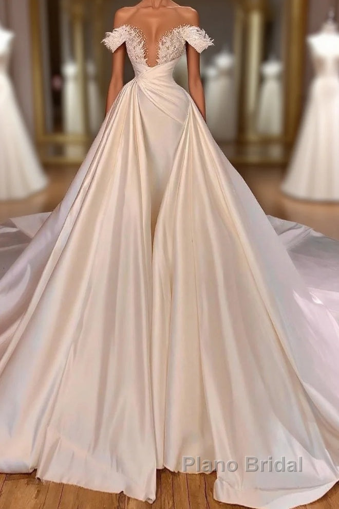 Charming Long A-line Off-the-shoulder Cathedral V-neck Satin Lace Wedding Dress Main image