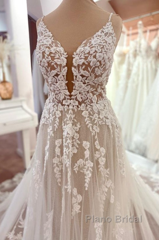 Charming Long A-Line Spaghetti Straps Appliques Lace Tulle Backless Wedding Dress Secondary image