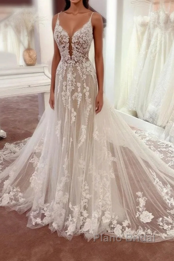 Charming Long A-Line Spaghetti Straps Appliques Lace Tulle Backless Wedding Dress Main image