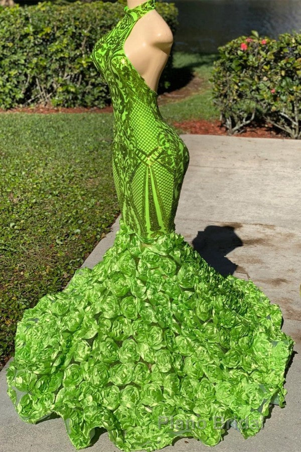 Charming Long Mermaid Halter Satin Lace Backless Formal Prom Dresses