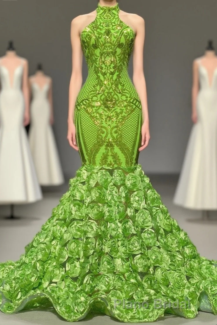 Charming Long Mermaid Halter Satin Lace Backless Formal Prom Dresses Main image