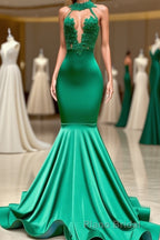 Charming Long Mermaid Halter Stretch Satin Lace Backless Formal Prom Dresses