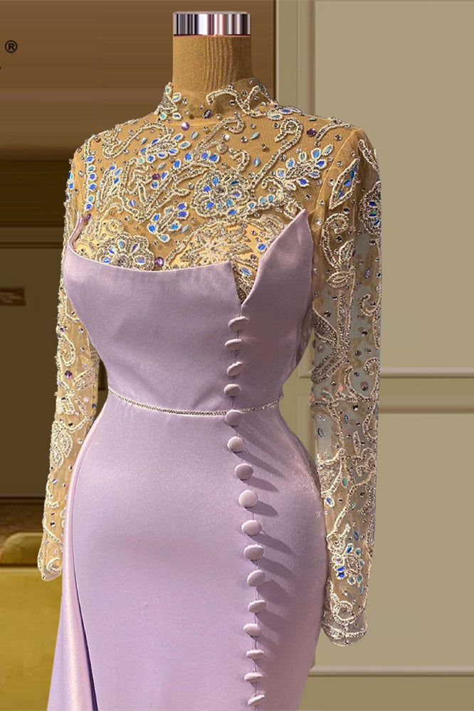 Charming Long Mermaid High Neck Lace Beading Evening Prom Dresses With Long Sleeves Secondary image