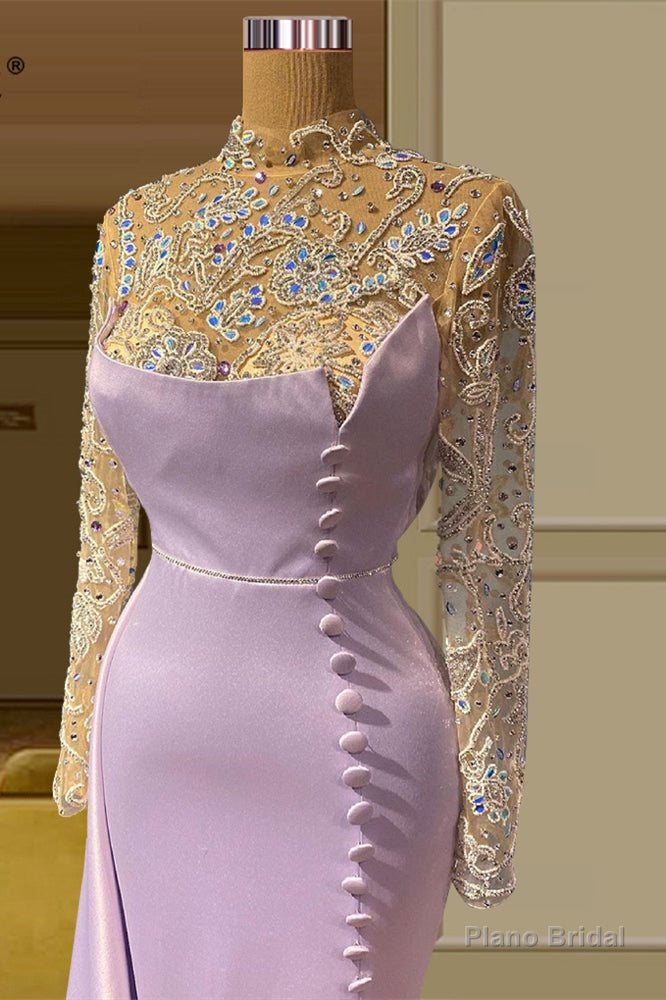Charming Long Mermaid High Neck Lace Beading Evening Prom Dresses With Long Sleeves Secondary image
