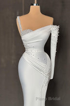 Charming Long Satin One-Shoulder Mermaid Evening Formal Prom Dresses With Beading