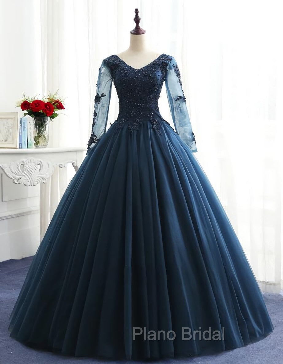 Charming Long Sleeves Navy Blue Tulle Party Gown, Navy Blue Formal Prom Dresses Secondary image