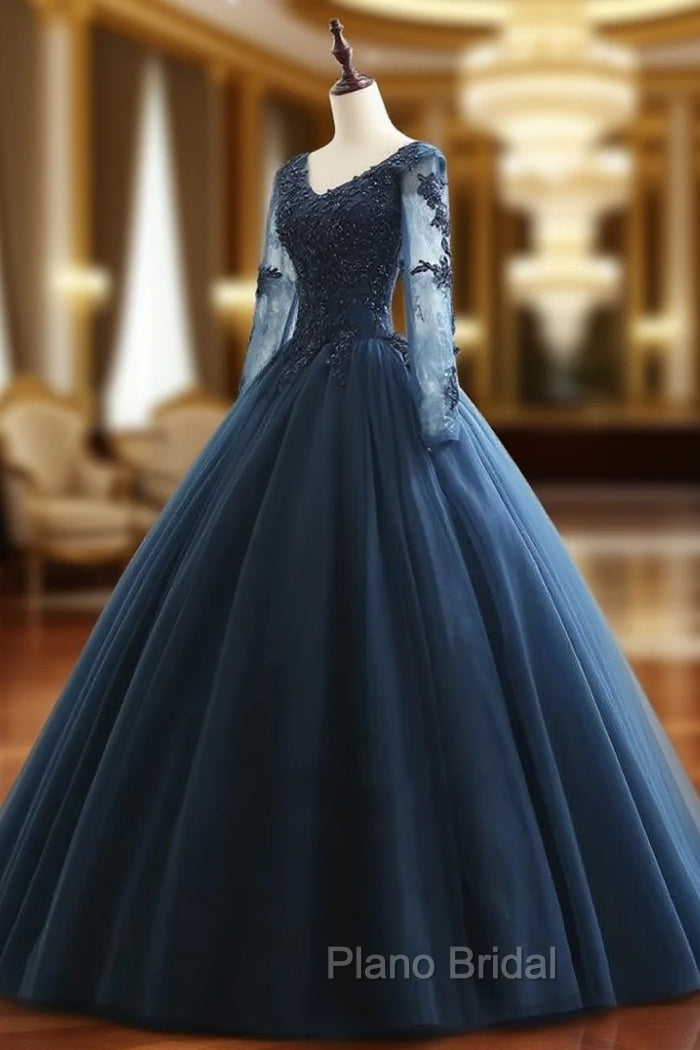 Charming Long Sleeves Navy Blue Tulle Party Gown, Navy Blue Formal Prom Dresses Main image