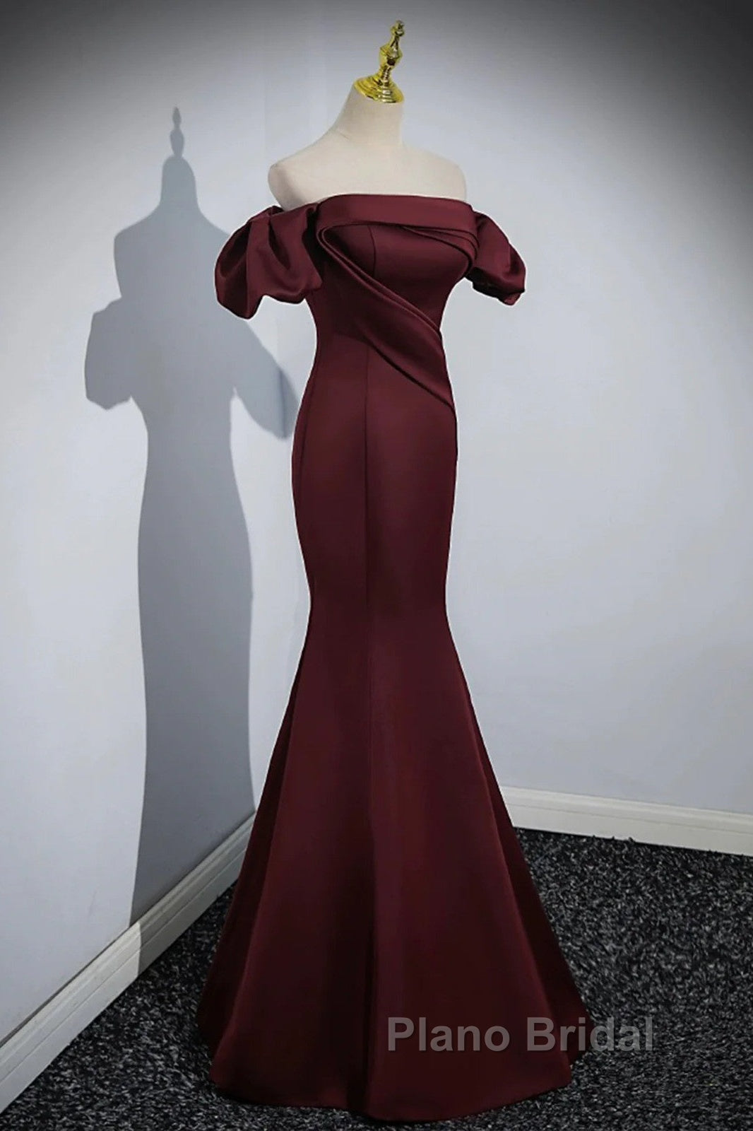Charming Maroon Satin Mermaid Off Shoulder Formal Prom Dresses, Maroon Party Dresses Secondary image