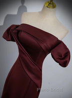 Charming Maroon Satin Mermaid Off Shoulder Formal Prom Dresses, Maroon Party Dresses