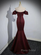 Charming Maroon Satin Mermaid Off Shoulder Formal Prom Dresses, Maroon Party Dresses