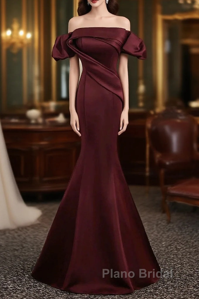 Charming Maroon Satin Mermaid Off Shoulder Formal Prom Dresses, Maroon Party Dresses Main image