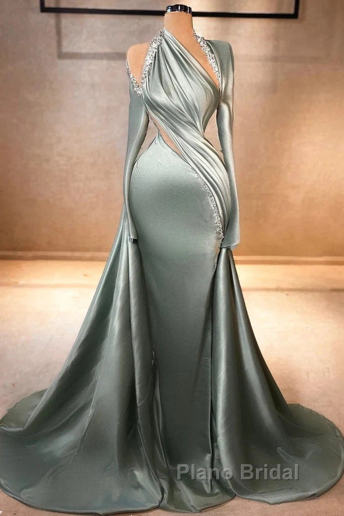 Charming Mermaid Irregular Collar Satin Rhinestone Halter Ruffled Long Formal Prom Dresses Formal Evening Gown