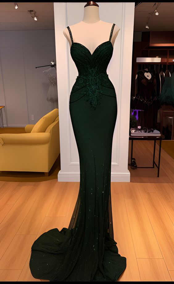 Charming Mermaid Spaghetti Straps Lace Dark Green Formal Prom Dresses Long