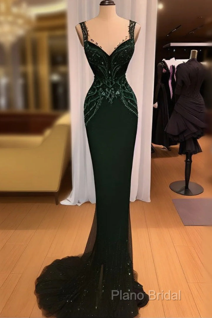 Charming Mermaid Straps Dark Green Sequin Formal Prom Dresses Long Formal Prom Dresses Main image