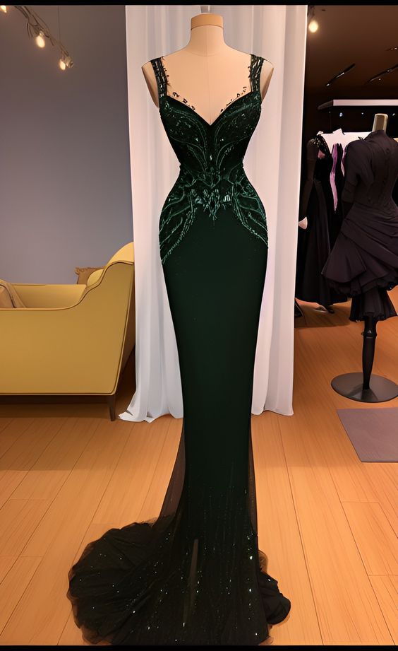 Charming Mermaid Straps Dark Green Sequin Formal Prom Dresses Long Formal Prom Dresses