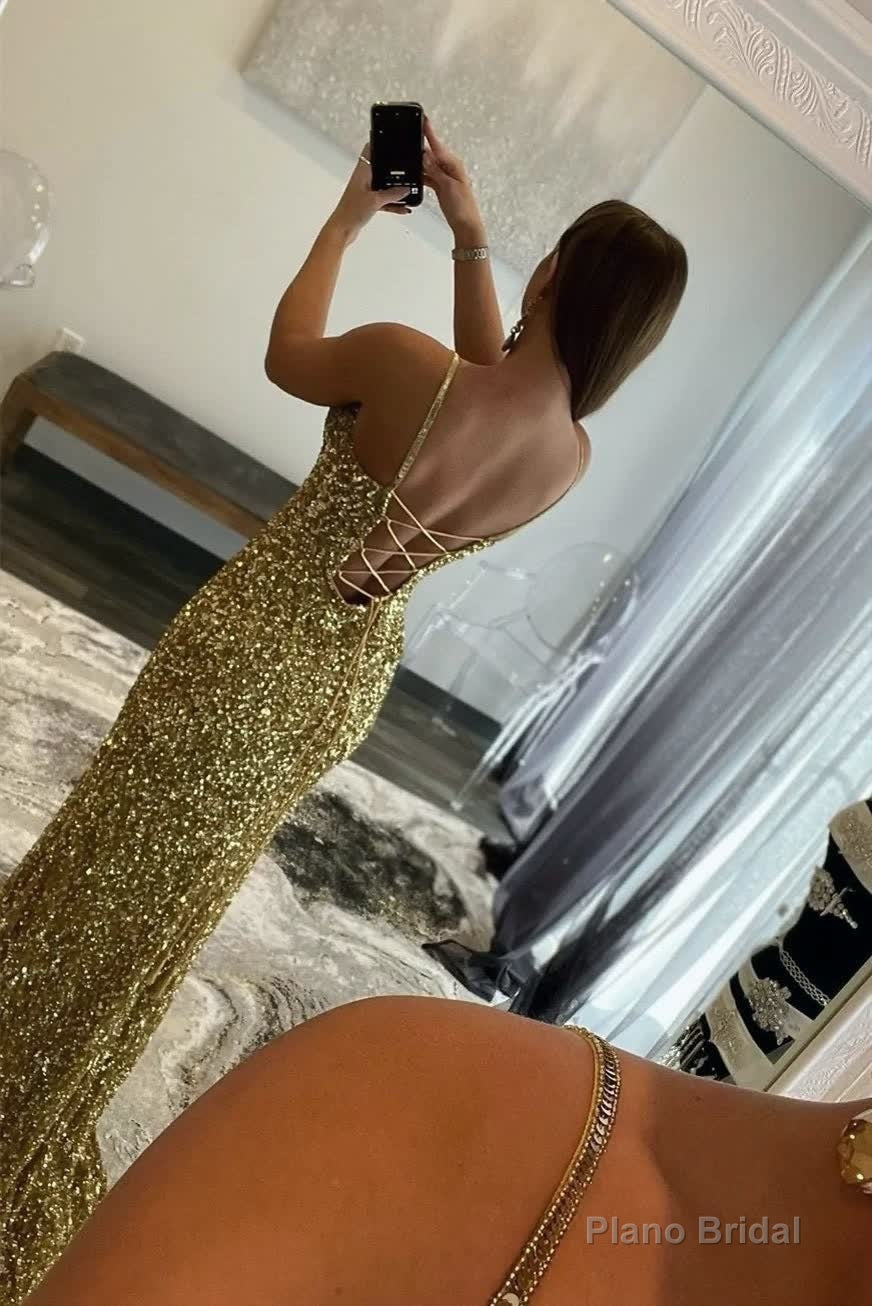 Charming Mermaid V Nekc Gold Sequins Long Prom Dresses with Slit Secondary image