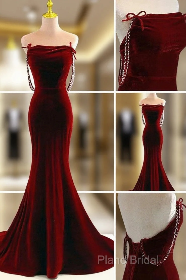 Charming Mermaid Wine Red Long Velvet Formal Dresses, Wine Red Long Party Dresses