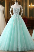 Charming Mint Green Tulle Ball Gown Sweet 16 Dresses, Lace Applique Formal Prom Dresses