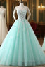 Charming Mint Green Tulle Ball Gown Sweet 16 Dresses, Lace Applique Formal Prom Dresses