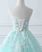 Charming Mint Green Tulle Ball Gown Sweet 16 Dresses, Lace Applique Formal Prom Dresses