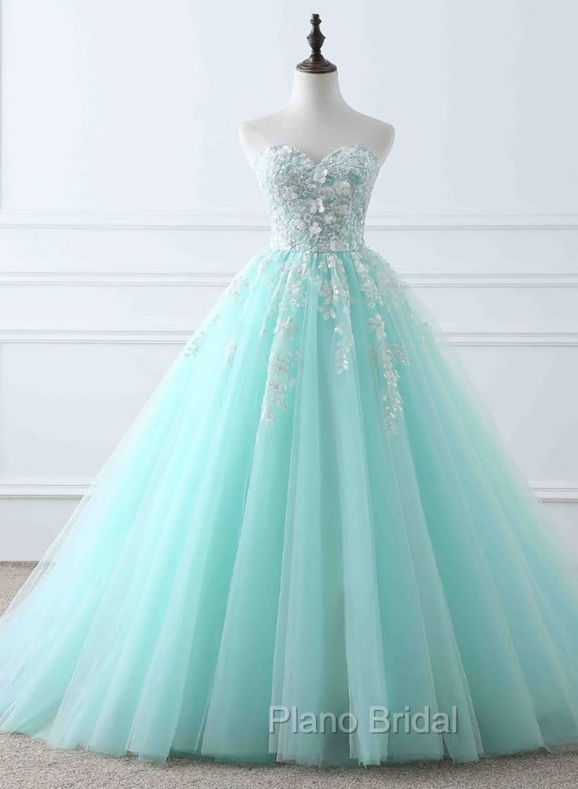 Charming Mint Green Tulle Ball Gown Sweet 16 Dresses, Lace Applique Formal Prom Dresses