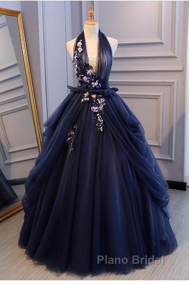 Charming Navy Blue Halter Tulle Party Dresses With Flower Applique, Blue Gown Secondary image
